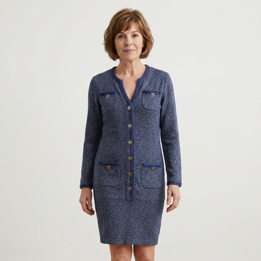 VTG Steve Fabrikant Knit Dress Blue Gold Buttons Designer Italian Wool 12